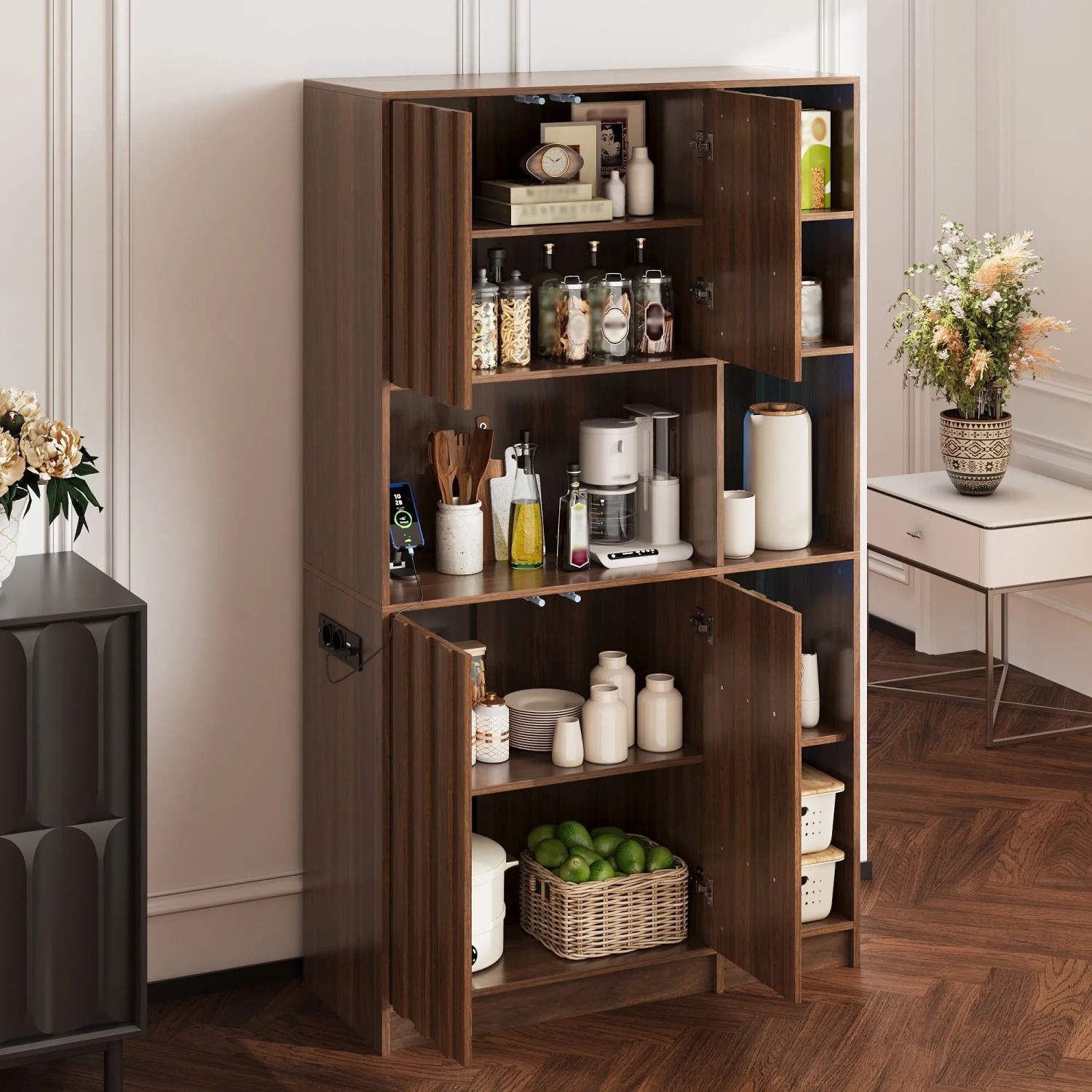 Merax Küchenschrank 180x105x40 cm LED Steckdosen Bücherregal Vitrine_3