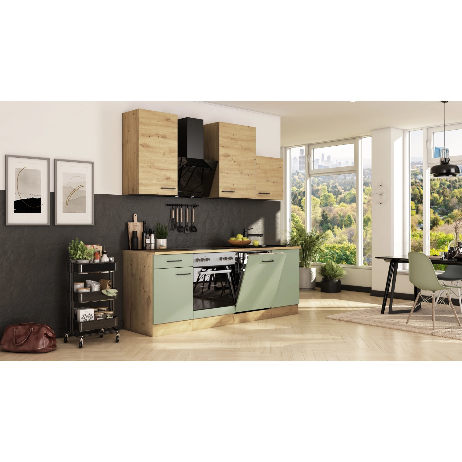 Flex-Well Exclusiv Küche 1701-017sWS Cara 220 cm Schilfgrün matt - Artisan Eiche_6