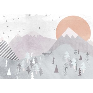 Komar Vliesfototapete Fox Journey, Waldlandschaft mit Fuchs, Berge und Sonne.