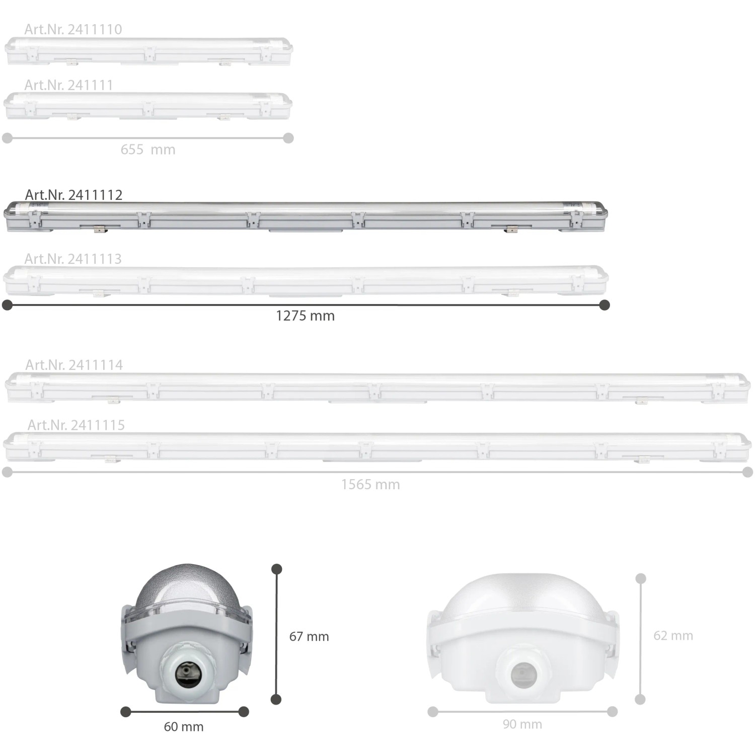 LED-Feuchtraumleuchte, 17,5 W, grau, verschiedene Größen und Detailansichten.