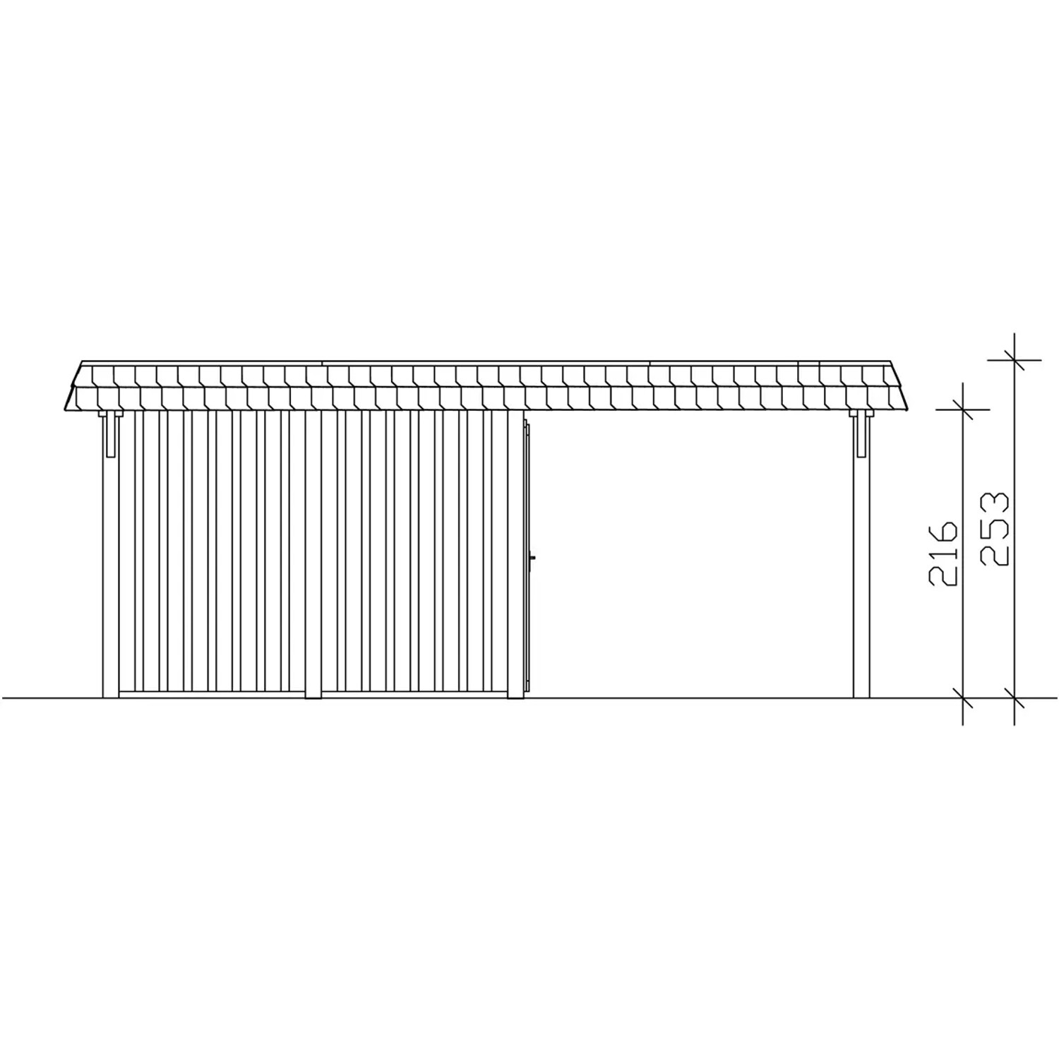 Skizze Skan Holz Doppelcarport Wendland Eiche hell mit Anbau und Höhenangaben.