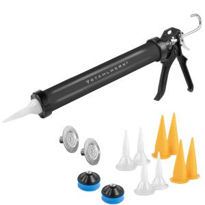 STAHLWERK Silikonpistole SPB-600 ST mit Zubehör: Düsen und Adapter für Kartuschen/Beutel.
