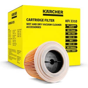 Kärcher Patronenfilter KFI 3310 für Nass-/Trockensauger. Oranger Filterkartusche vor gelber Kärcher Box mit kompatiblen WD 1-3 Modellen.