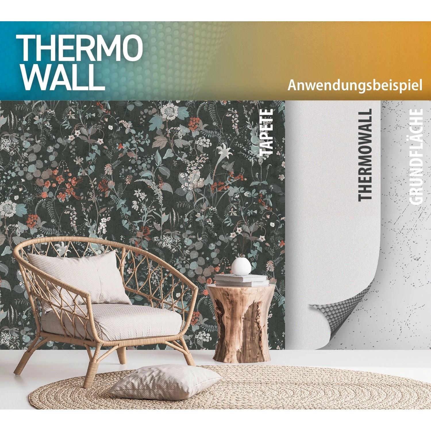 Anwendungsbeispiel: AS-Creation Vliestapete Thermowall Uni Weiß mit floralem Muster im Wohnraum.