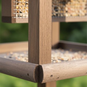 Detailaufnahme: Braun imprägniertes Relaxdays Vogelfutterhaus mit Ständer aus Tannenholz.