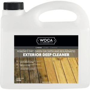 Woca Außenholz Reiniger 2,5 l, weißer Kanister. Entfernt Schmutz, Beläge & graue Patina von Holzterrassen.