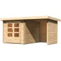 Unbehandeltes Karibu Holz-Gartenhaus Ängelholm mit Pultdach und Anbau. Naturholz mit Doppeltür.