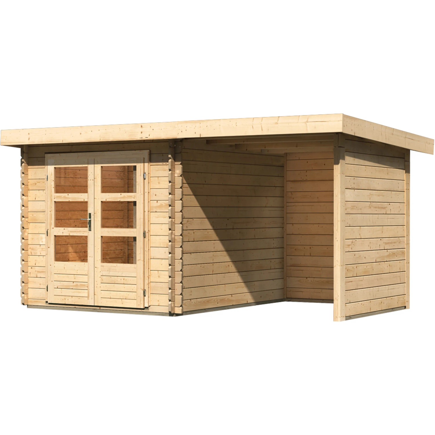 Unbehandeltes Karibu Holz-Gartenhaus Ängelholm mit Pultdach und Anbau. Naturholz mit Doppeltür.