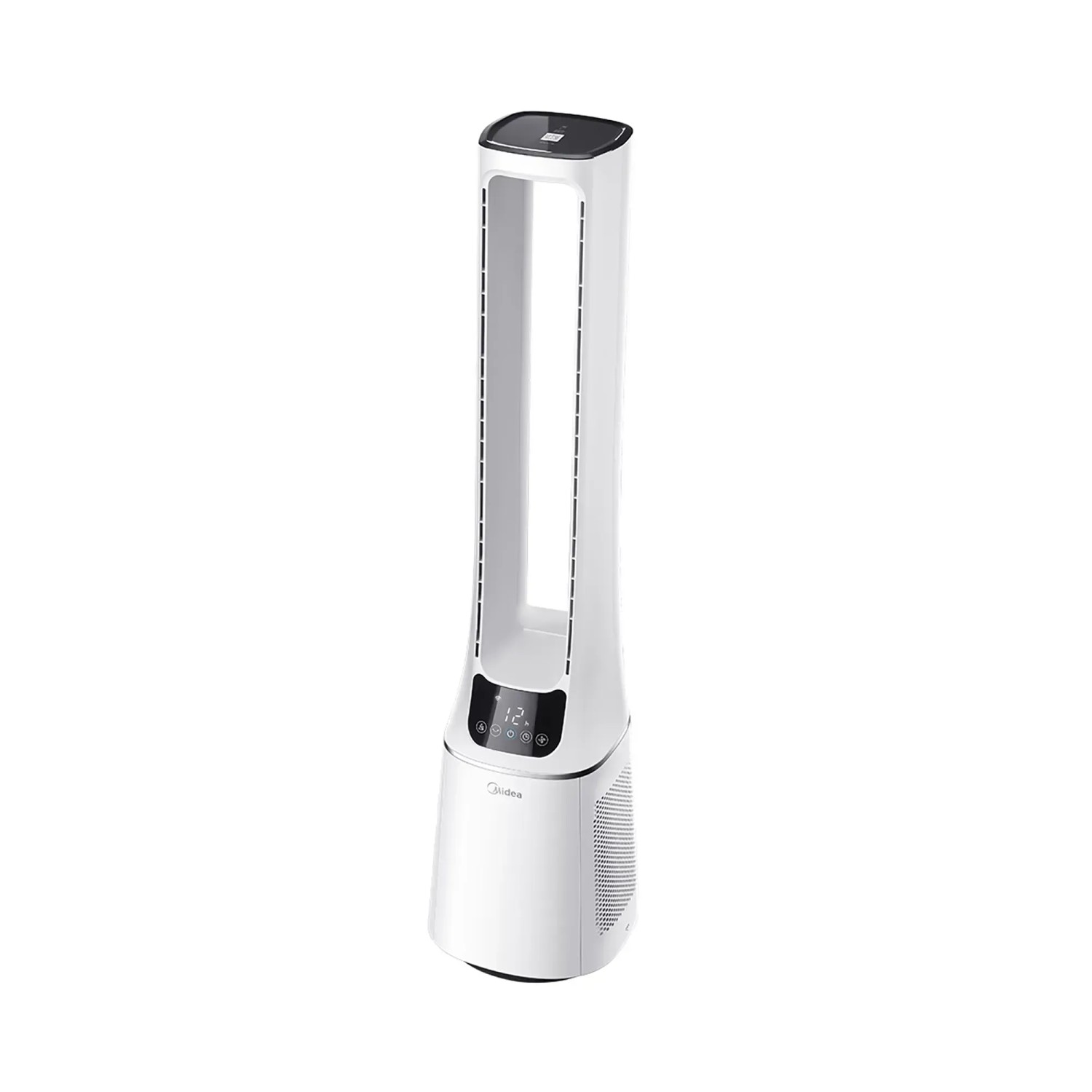 Weißer Midea Turmventilator mit Luftreiniger und digitaler Anzeige.