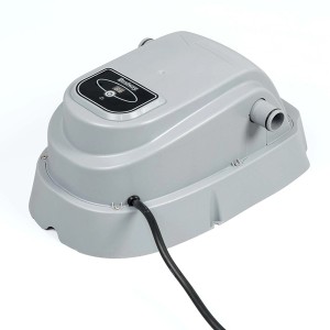 Bestway Pool Heizgerät, graue Pool Wärmepumpe mit digitaler Anzeige und schwarzem Stromkabel.