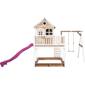 Axi Liam Spielhaus mit Schaukel, Rutsche lila, Sandkasten, Holz braun/weiß.