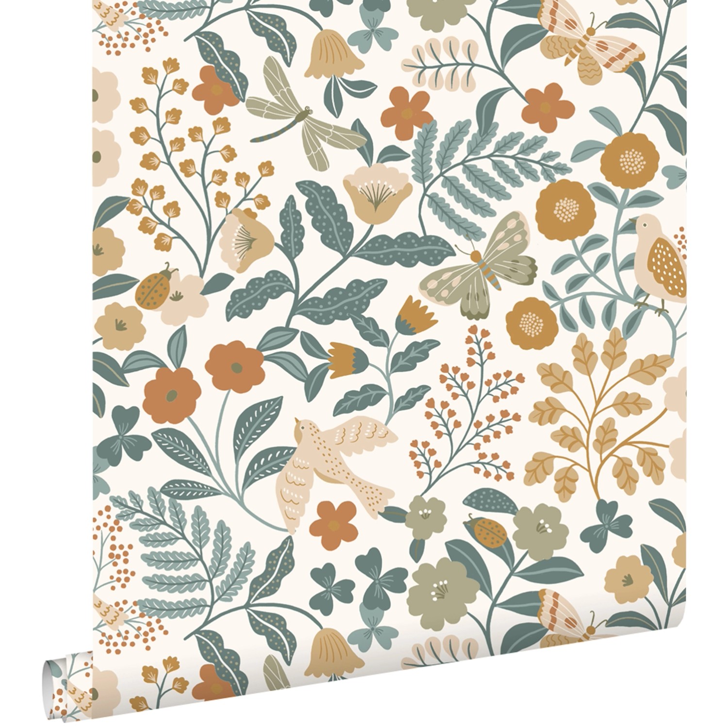 ESTAhome Tapete Blumen und Vögel Graublau Olivgrün und Ockergelb 53 cm x 10 günstig online kaufen