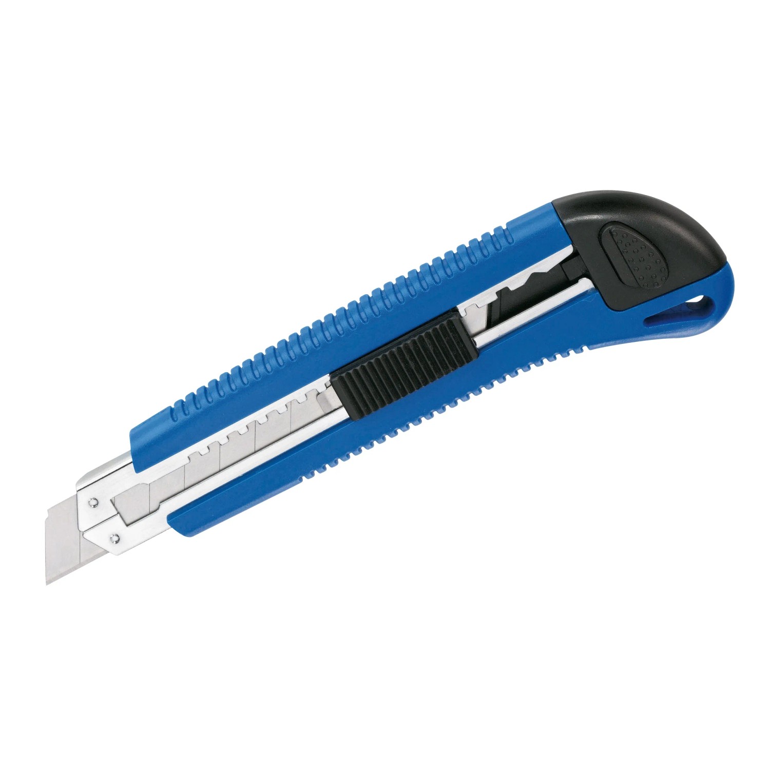 Blaues LUX Cuttermesser Classic 100 mm mit Metallgehäuse und Klingenarretierung.