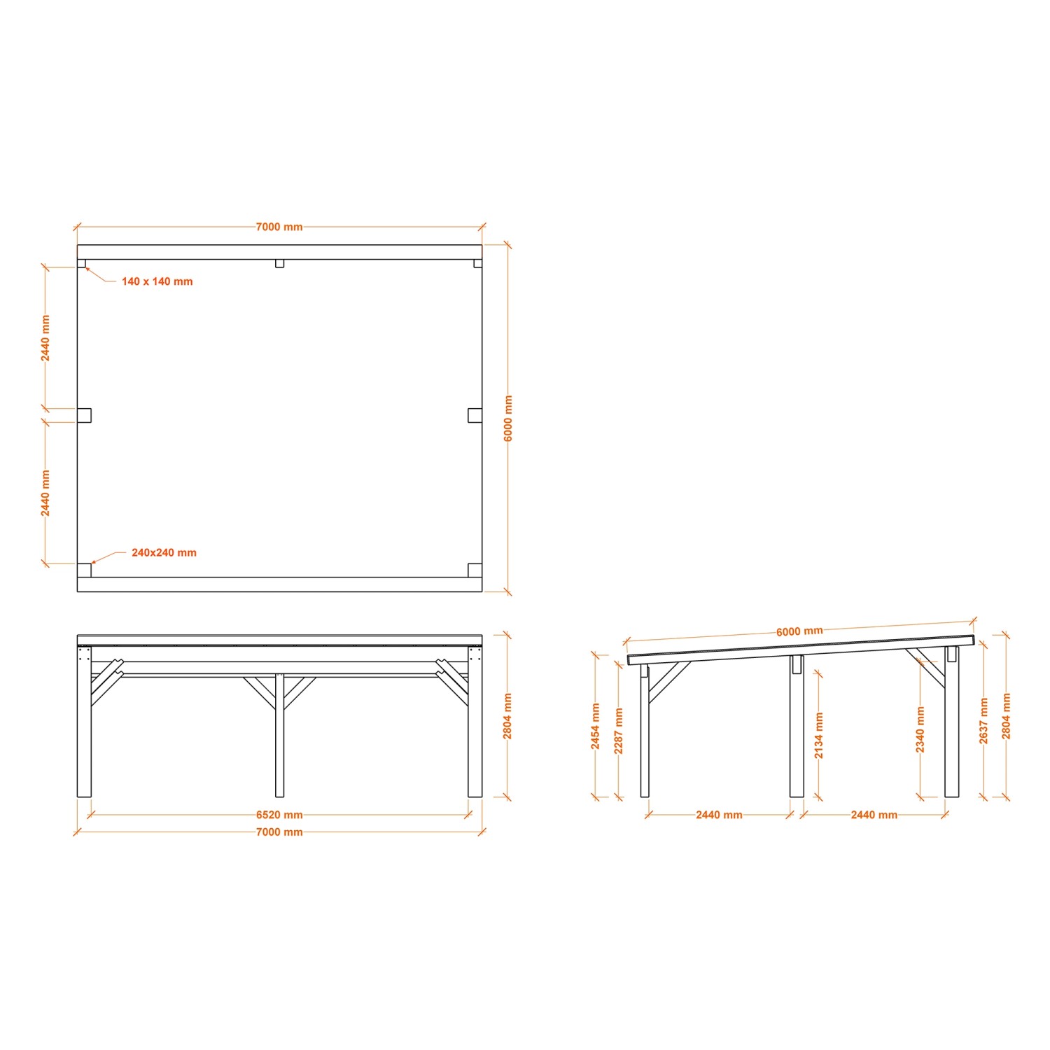 Technische Zeichnung: Holzbrüder Carport Ralf 42, Natur/Dunkelgrau, mit Maßangaben.