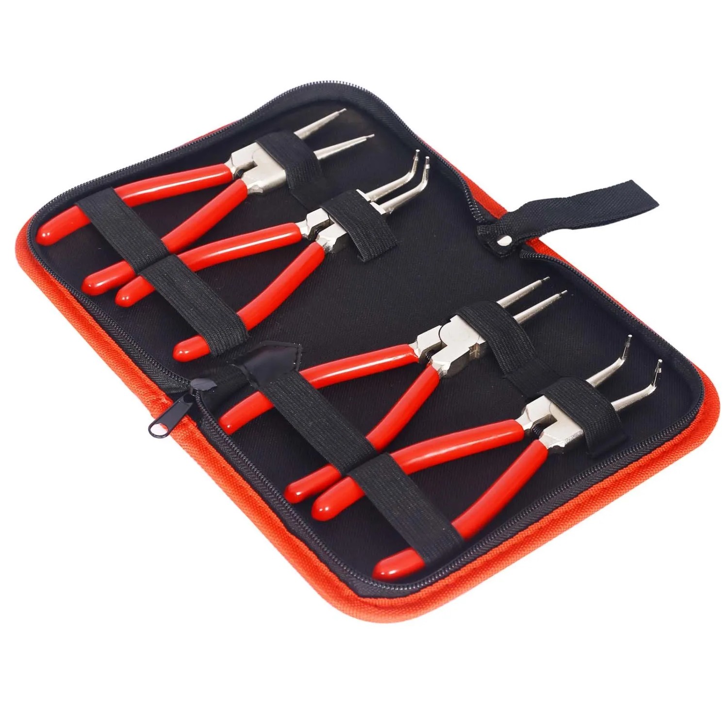 4-teiliges Xpotool Sprengringzangen Set mit geraden und 90° gebogenen Zangen, roten Griffen im Koffer.