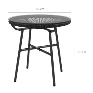 Schwarzer Outsunny Rattan Beistelltisch mit Glasplatte, 50x50x50 cm, ideal für Garten und Terrasse.