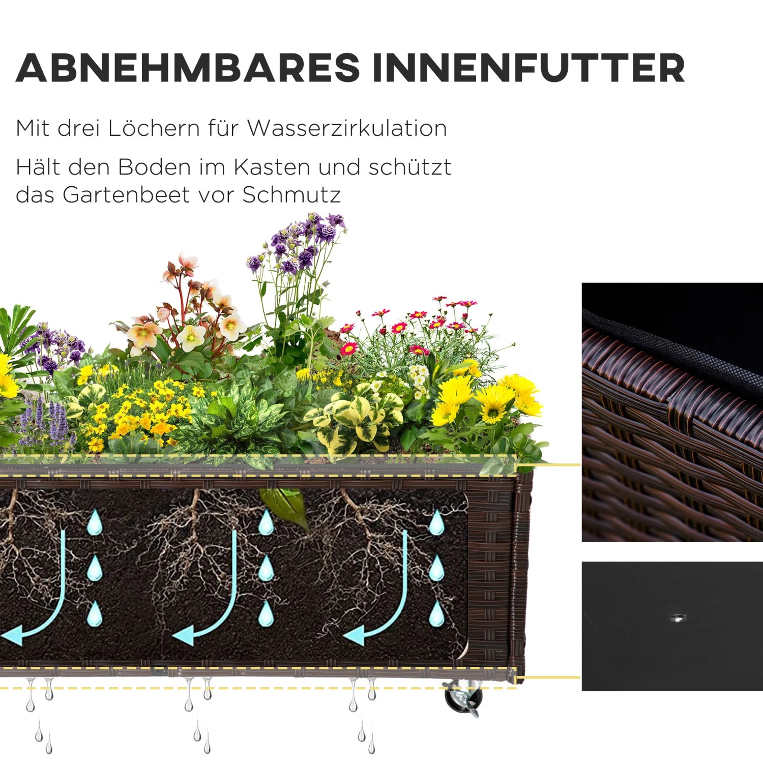 Outsunny Hochbeet aus Rattan, braun, mit Wasserablauf und herausnehmbarem Innenfutter.