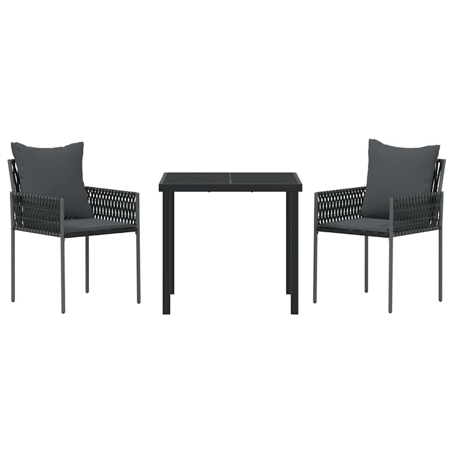 vidaXL Garten Essgruppe, 3-teilig, schwarz, Poly Rattan. Set mit Tisch und 2 Stühlen mit Kissen.