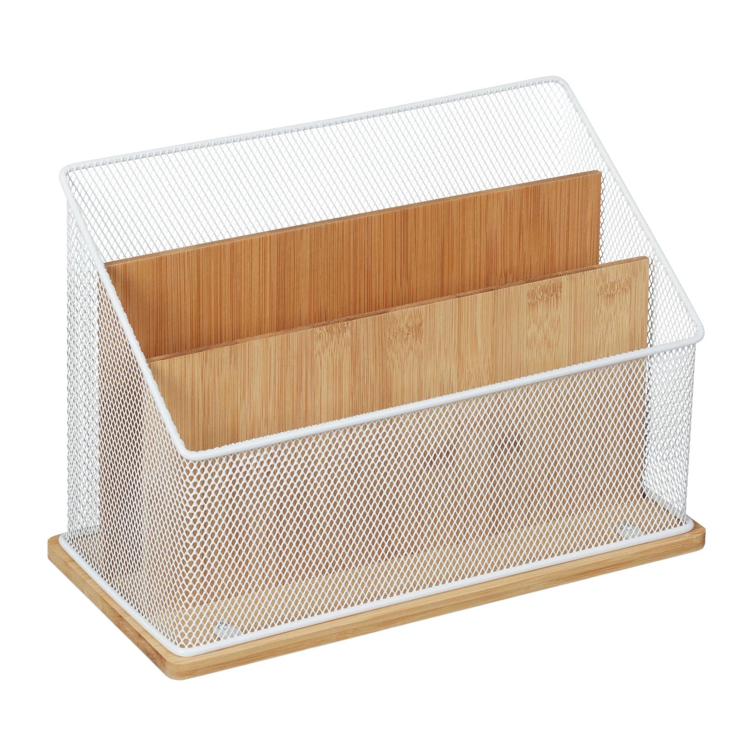 Relaxdays Dokumentenhalter Bambus Metall Natur Weiß mit 3 Fächern 20 cm x 29 cm x 14 cm 0,77 kg