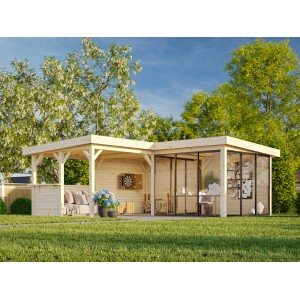 Palmako Pavillon Lenna Set 410, 588x588 cm, weiß lackiert, mit Schiebetüren und Tresen.