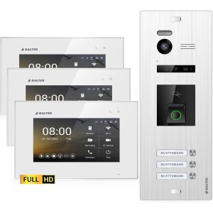 Balter EVO-HD Video-Türsprechanlage mit Fingerprint für 3 Familien, mit 3 Monitoren (7 Zoll, Silber-Weiß).