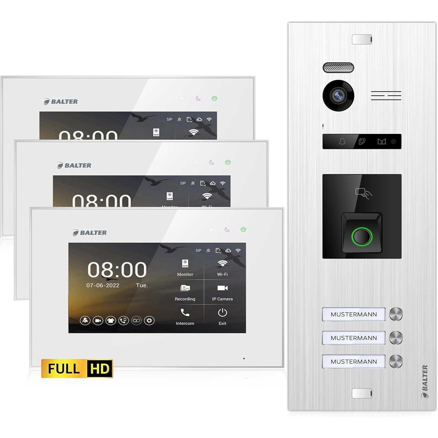 Balter EVO-HD Video-Türsprechanlage mit Fingerprint für Dreifamilienhaus mit 3x 7 Zoll Monitor Silber-Weiß