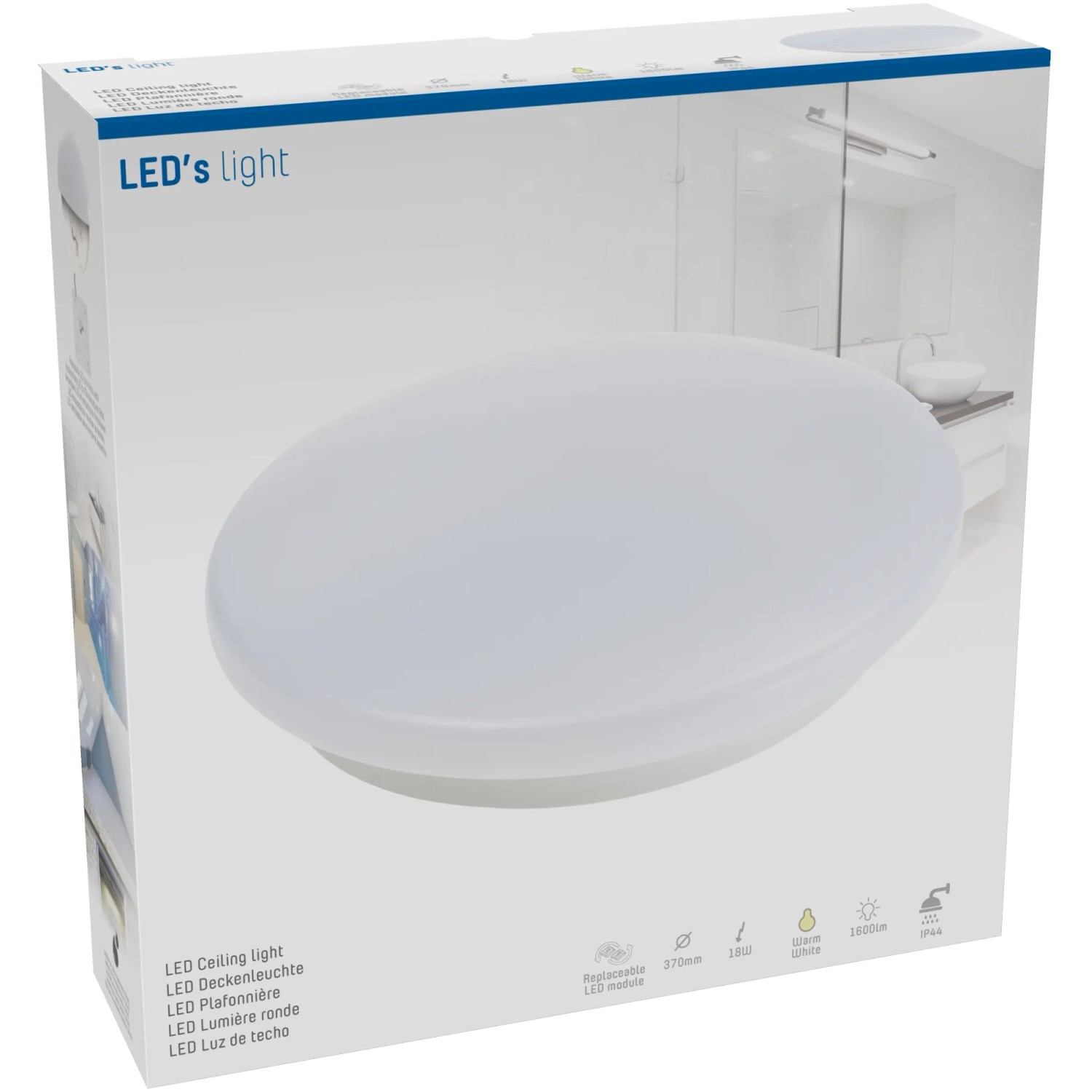 Verpackung einer runden, weißen LED-Deckenleuchte, 18W, 3000K, IP44, Ø 37cm.