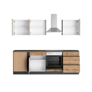 Moderne Winkelküche Turin in Wotaneiche-Graphit mit E-Geräten und Dunstabzugshaube.