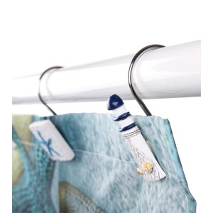 SANILO Duschvorhangringe Meeresbrise mit Seestern und Leuchtturm am Duschvorhang.