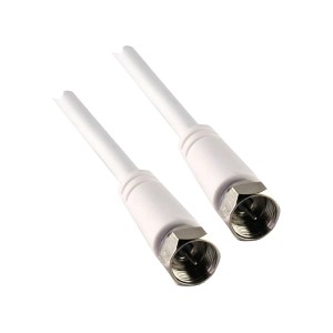 Weißes SAT-Anschlusskabel (1,5 m) mit zwei F-Steckern für Audio- und Videoübertragung.