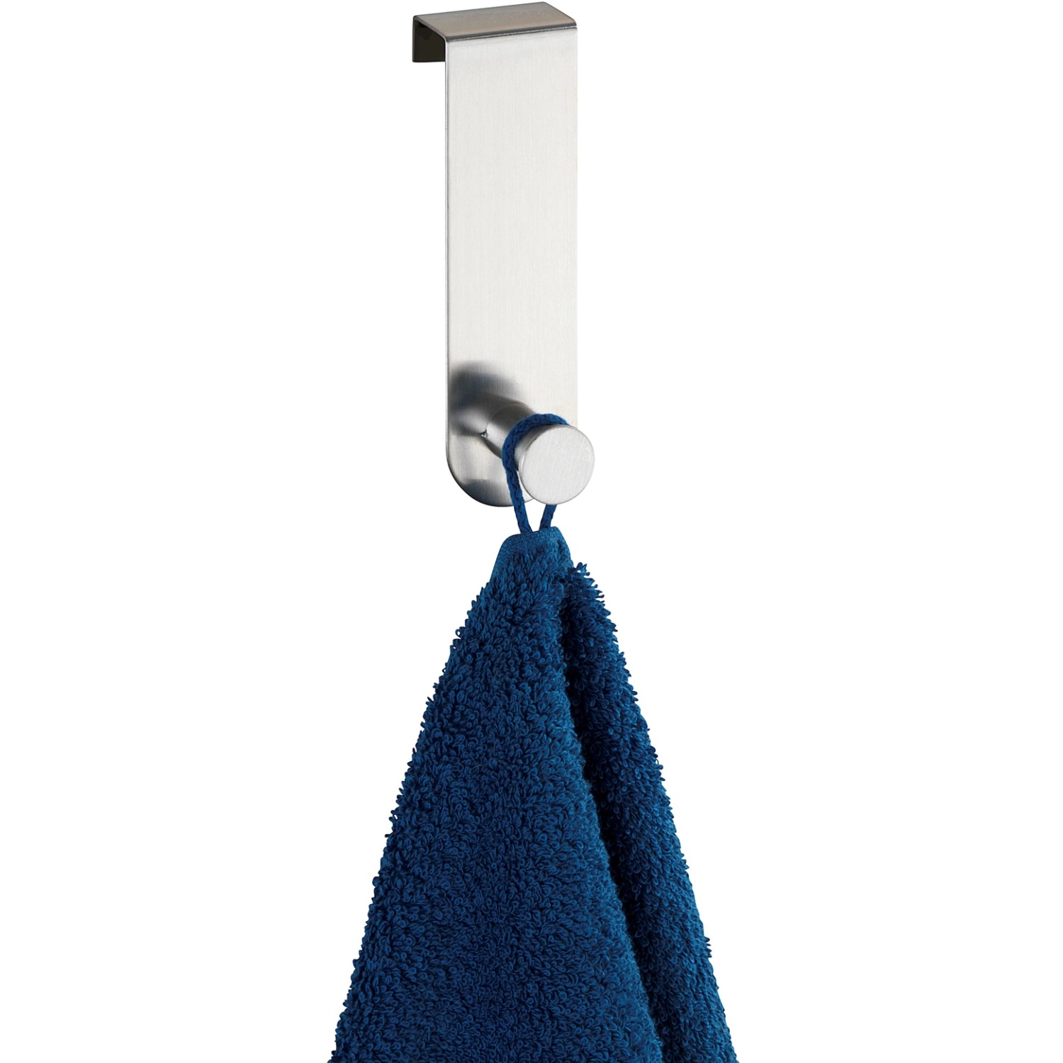 Wenko Türhaken Celano aus Edelstahl mit blauem Handtuch. Handtuchhalter zum Einhängen.