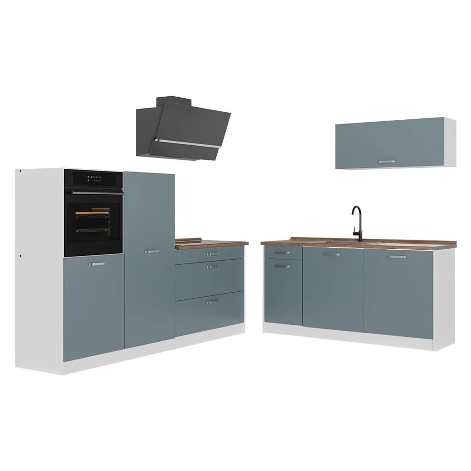Vicco Küchenzeile R-Line Blau-Grau/Weiß 220 x 143 Arbeitsplatte Goldkraft Eiche Art Nr 67110
