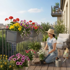 2er Set anthrazitfarbene Relaxdays Balkonkästen aus Metall (50 cm) mit bunten Blumen am Balkongeländer.