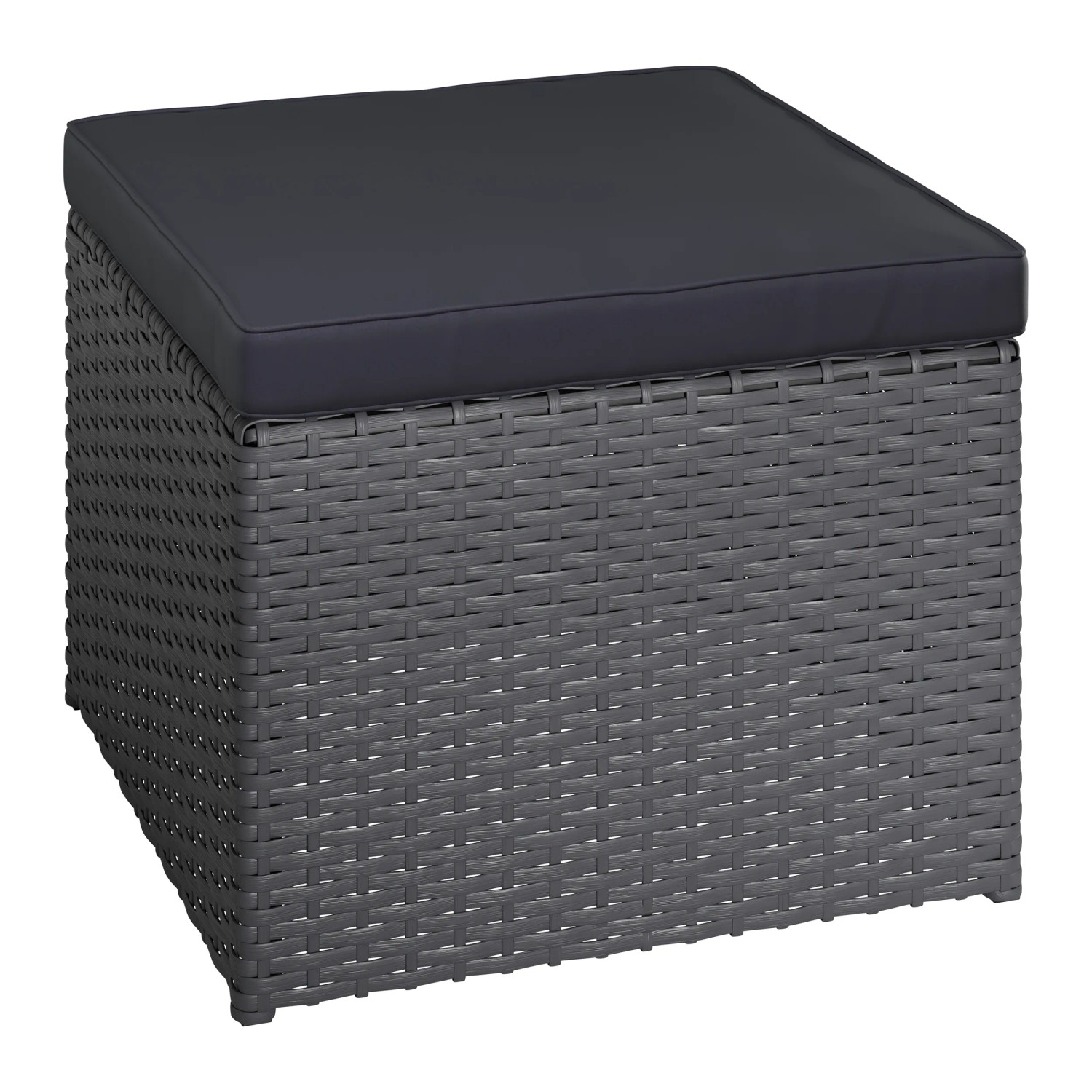 Hocker aus grauem Polyrattan mit anthrazitfarbenem Kissen, Teil des Balkonmöbel-Sets Hazelton.