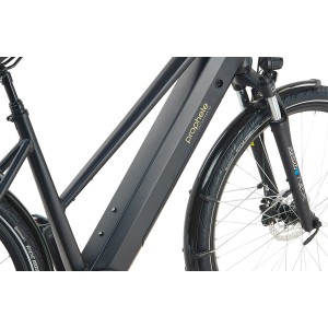 Schwarzes Prophete Trekking E-Bike Entdecker 2.0 Damenrad mit Trapezrahmen und integriertem Akku.