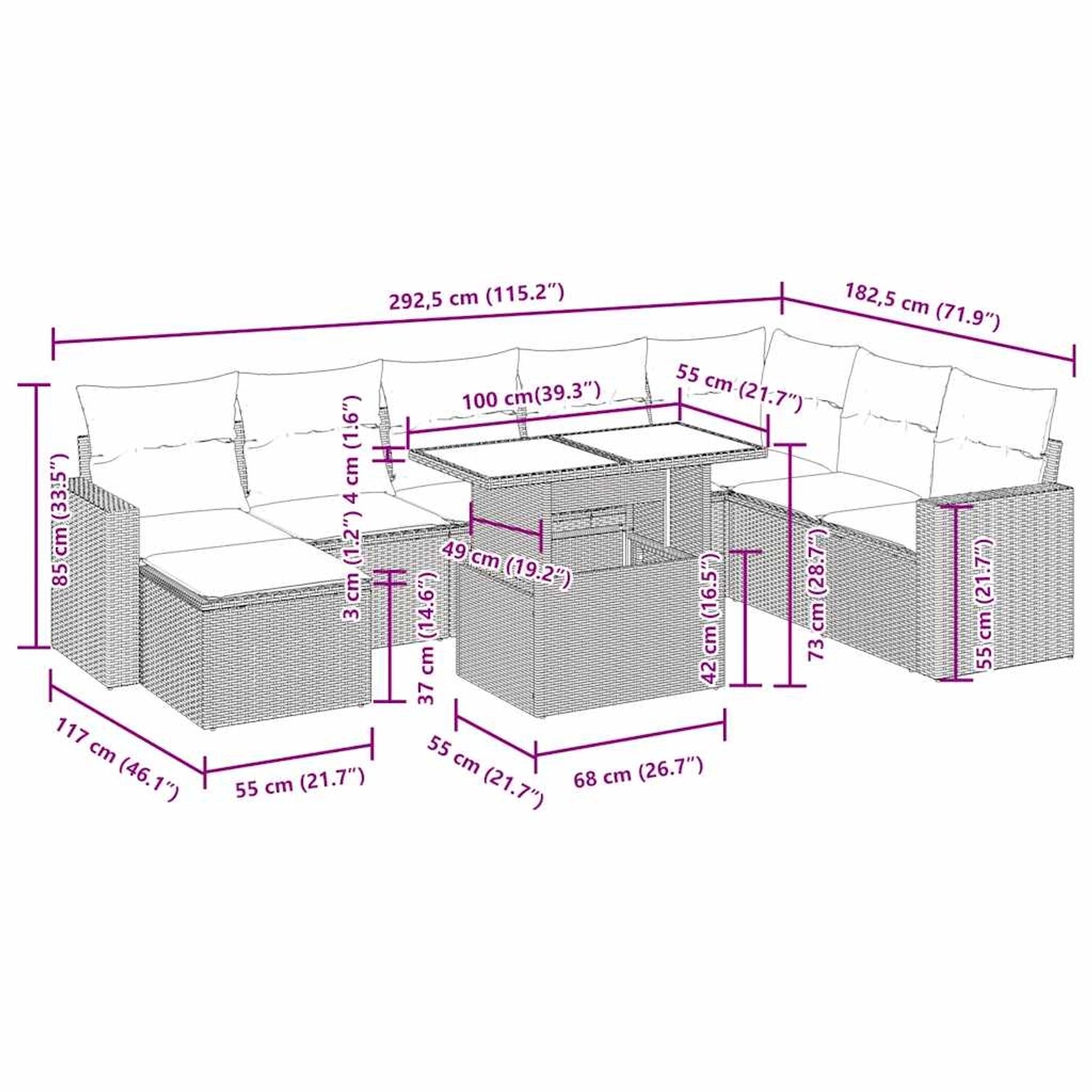 Graue 9-teilige Garten-Sofagarnitur aus Polyrattan mit Kissen und Tisch, Maße eingezeichnet.