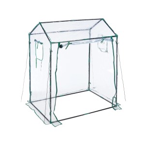 Transparentes Foliengewächshaus mit dunkelgrünem Rahmen und aufrollbarer Tür. Ideal für Pflanzenaufzucht im Garten.