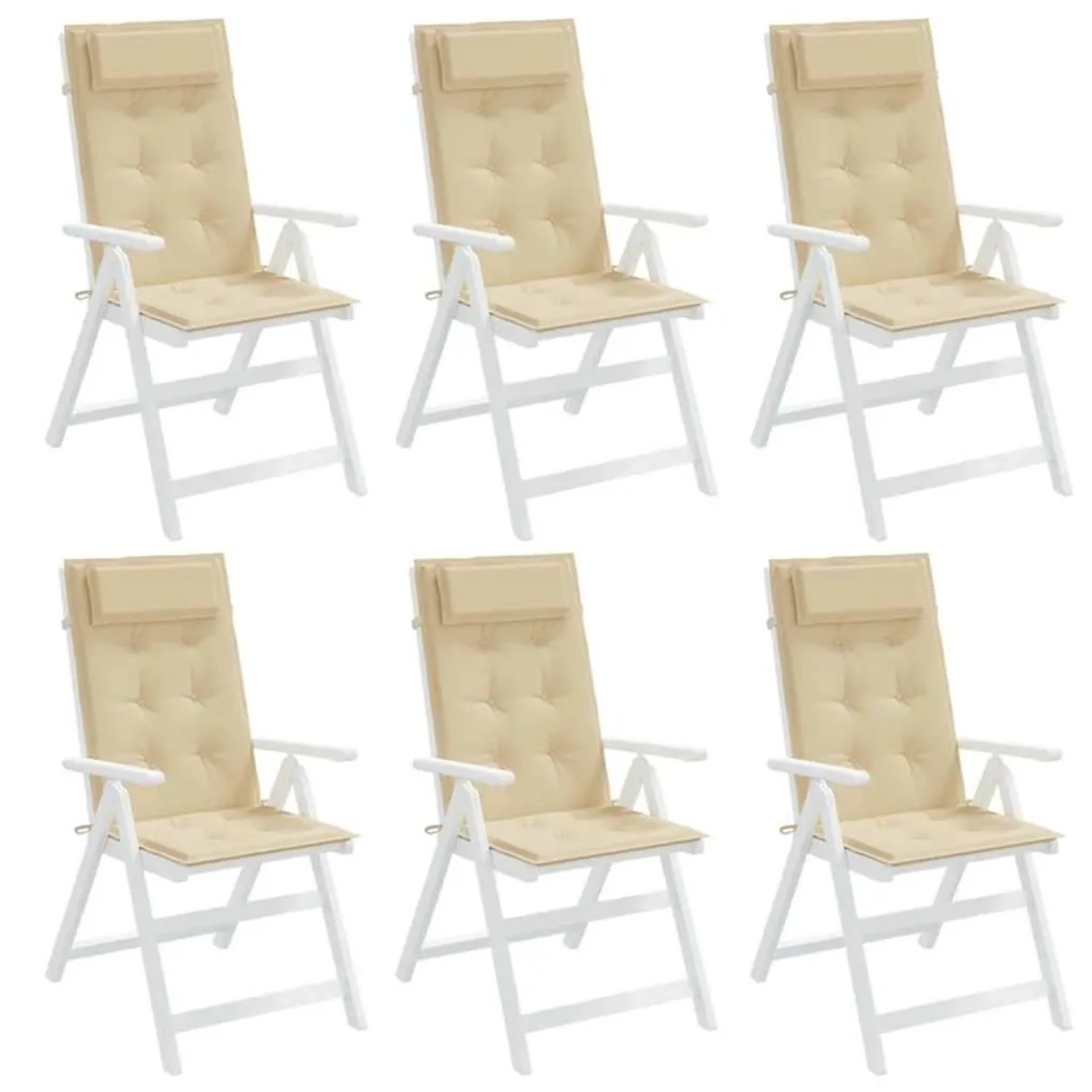 Sechs beige Hochlehner-Auflagen aus Oxford-Gewebe mit Kopfpolster auf weißen Gartenstühlen. Ideal für Sitzkissen.