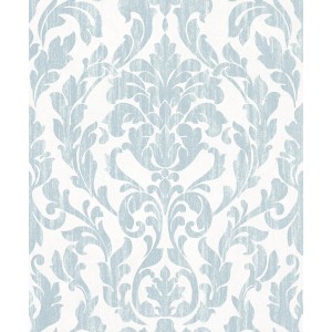 Vliestapete Nabucco mit floralem Damastmuster in Weiß und Hellblau.