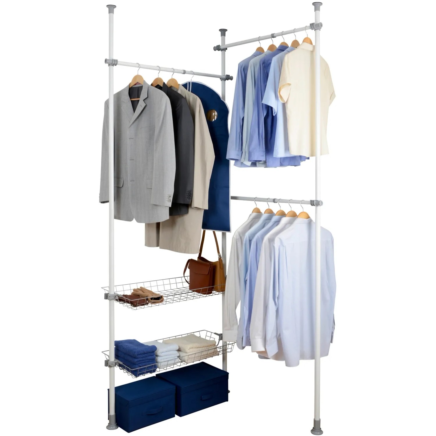Wenko Teleskop-System Herkules Duo mit Kleidung, Ablagekörben und Boxen.