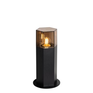 Schwarze QAZQA Außenleuchte Denmark mit Rauchglas, sechseckig, 30 cm hoch.