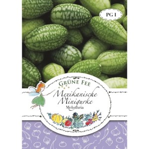 Grüne Fee Mexikanische Minigurke Melothria Saatgut Packung. Zeigt kleine, grün-gestreifte Früchte und eine Fee.