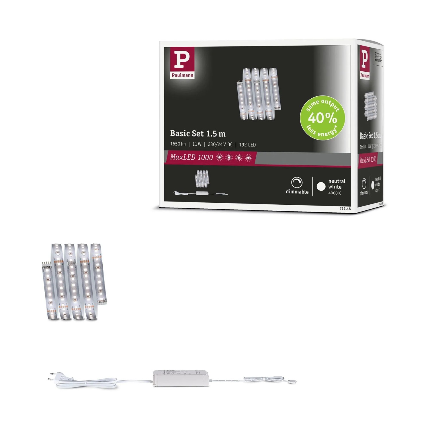 Paulmann LED-Strip-Basisset MaxLED 1000 Neutralweiß 1,5 m. Zeigt LED-Streifen und Vorschaltgerät.