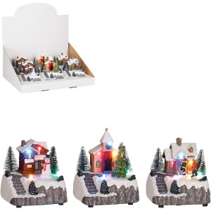 Beleuchtete Miniaturhäuser und Kirche als Weihnachtsdeko, 3-fach sortiert.