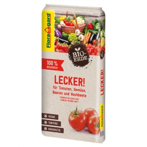 Sack Floragard Bio-Tomaten-Gemüseerde Lecker 20 l mit Gemüse-Motiv und Tomaten.