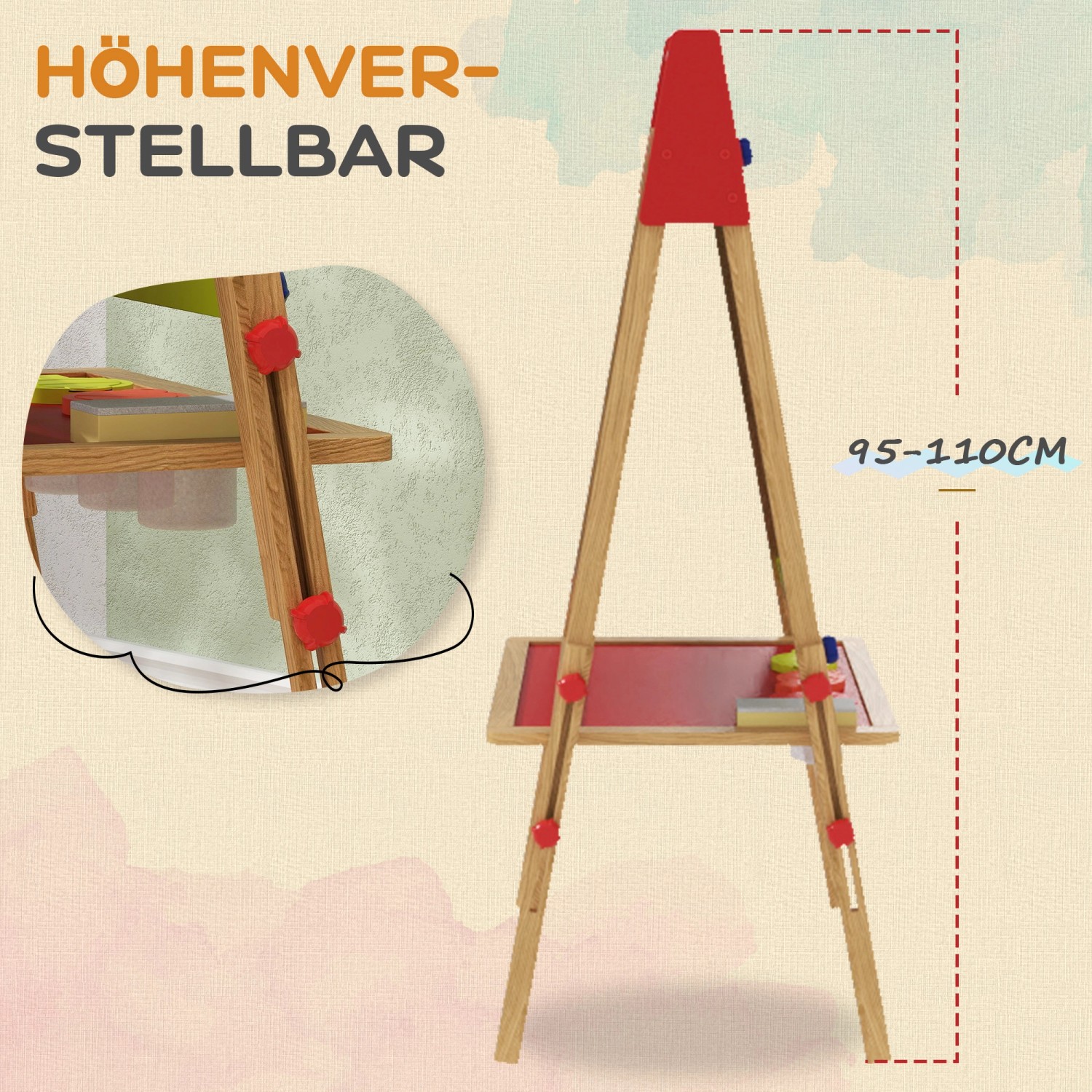 AIYAPLAY Kindertafel aus Kiefernholz, höhenverstellbar (95-110cm), mit Ablage.