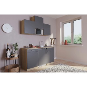Respekta Küchenzeile KB150ESGMI, 150 cm, Grau und Eiche Sägerau Nachbildung mit E-Geräten.