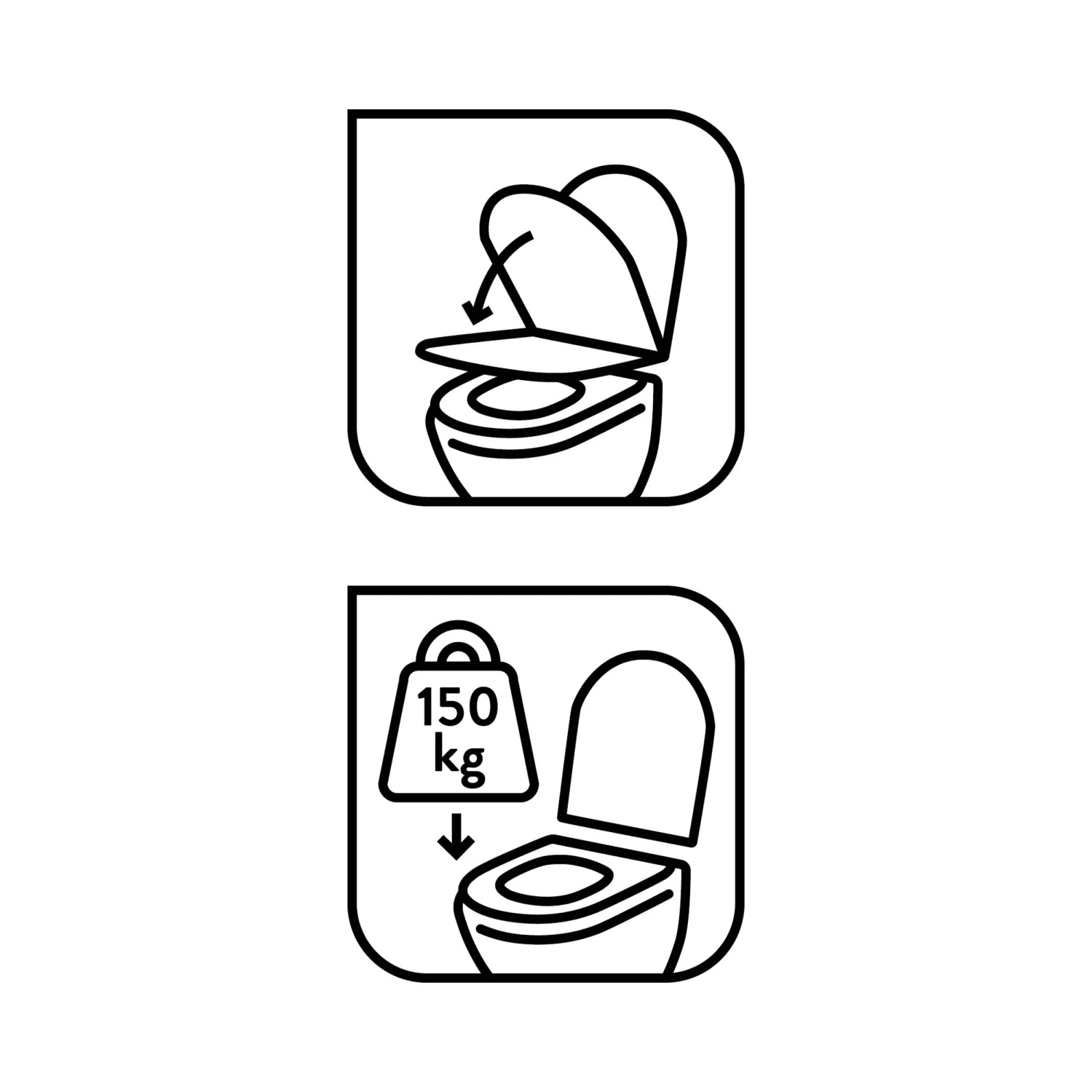 Symbole für Absenkautomatik und Belastbarkeit (150kg) des baliv WC-Sitz Carduma II Strand.