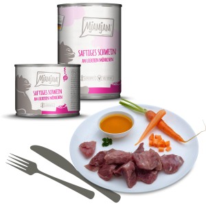 MjAMjAM Katzen-Nassfutter Saftiges Schwein mit Möhrchen, 800g Dose und Teller mit Futter.