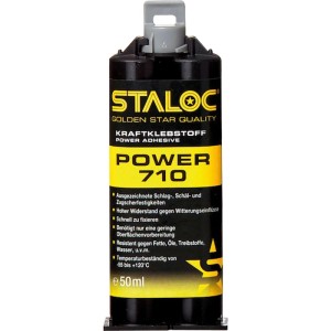 Staloc 2K-Strukturklebstoff Power 710, 50 ml. Schwarze Dualkartusche mit gelbem Etikett und grauem Mischer für starke Verklebungen.